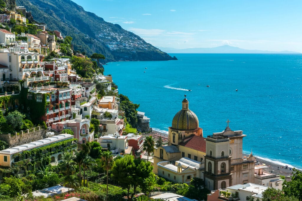Amalfi Coastline with villas in the mountains in the background